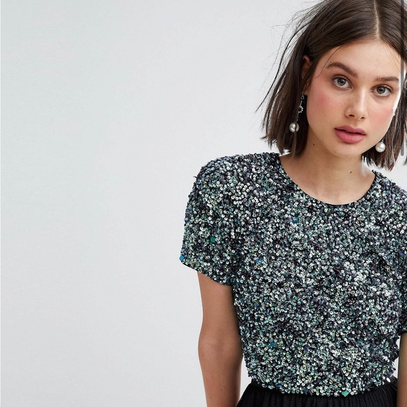 Lace & Beads Iridescent Embellished Open Back Cropped Top Size UK 8 (US 4) - Picture 3 of 3